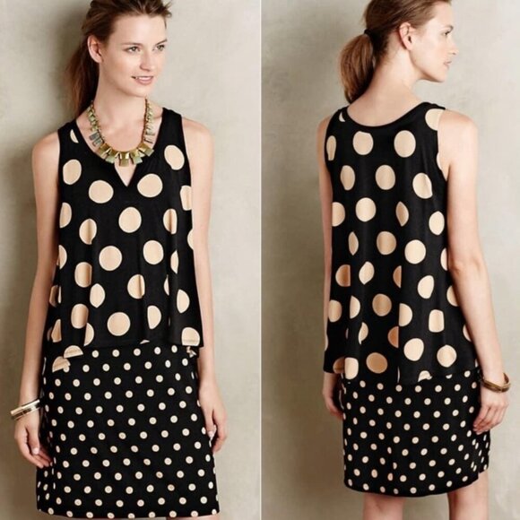 Anthropologie Maeve Davina Layered Polka Dot Dress Black Tan Size Small - Picture 1 of 13
